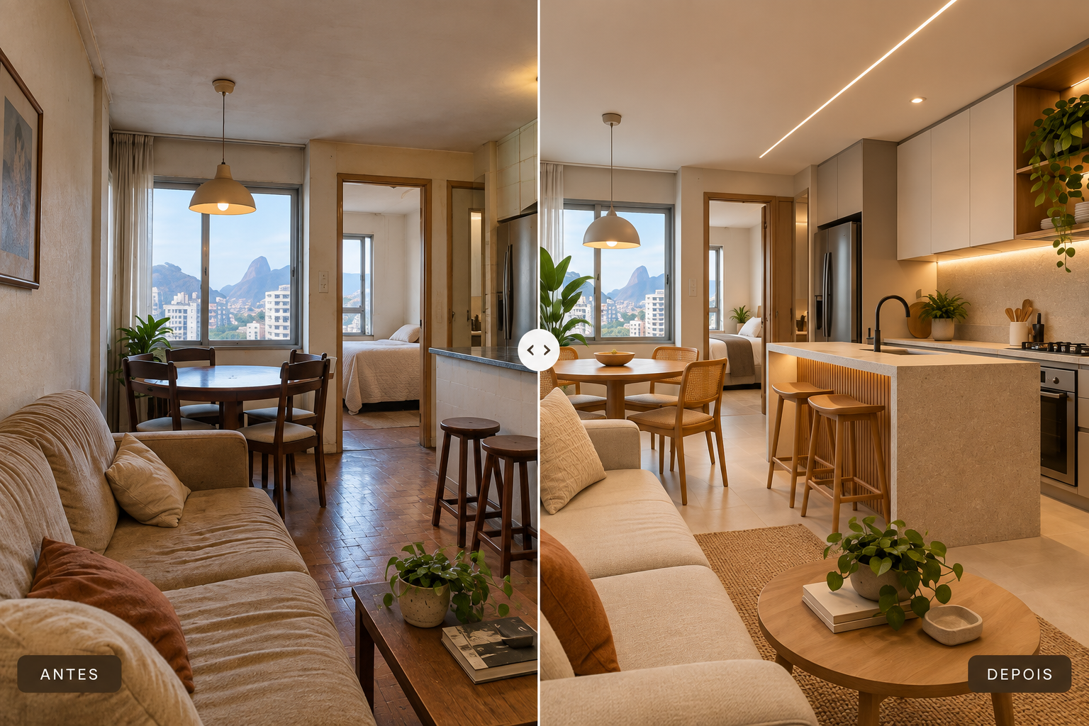 Simulação conceitual de apartamento antes e depois de uma reforma