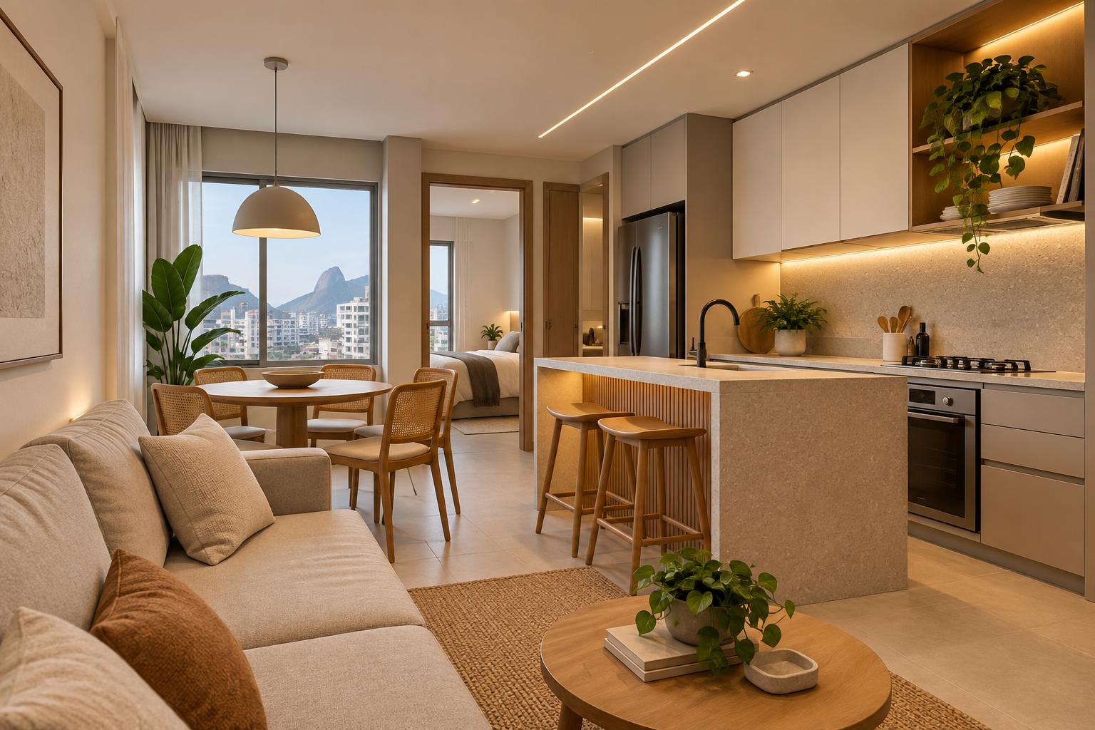 Conceito FER de apartamento compacto com ambientes integrados e melhor aproveitamento de espaço